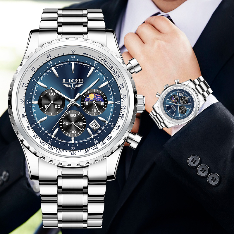 LIGE 남성용 럭셔리 쿼츠 시계, 문페이즈 스테인리스 - Luxury Watch Maker 리뷰 및 가격